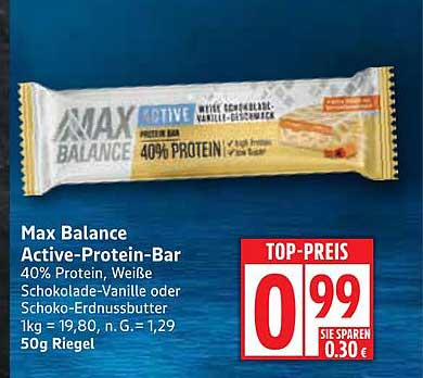 Max Balance Active-Protein-Bar 40% Protein, Weiße Schokolade-Vanille oder Schoko-Erdnussbutter