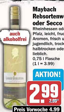 Maybach Rebsortenwein oder Secco 0,75 l Flasche