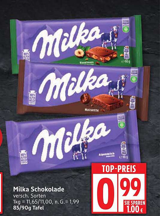 Milka Schokolade, verschiedene Sorten