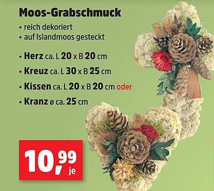 Moos-Grabschmuck – reich dekoriert auf Islandmoos gesteckt