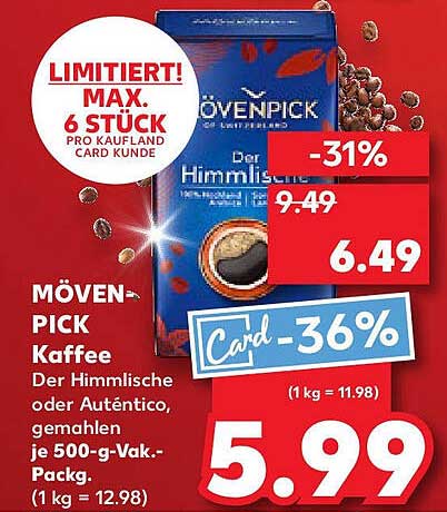 MÖVENPICK Kaffee - Der Himmlische oder Auténtico, gemahlen, je 500-g-Vak-Pack