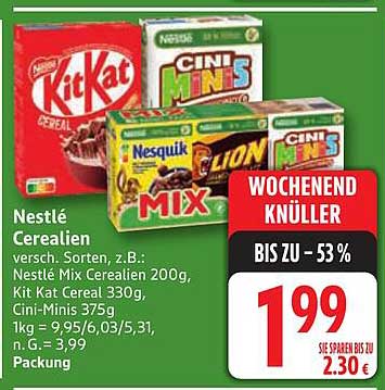 Nestlé Cerealien – Verschiedene Sorten, z.B. Kit Kat Cereal 330g, Cini Minis 375g, Nesquik Mix 200g