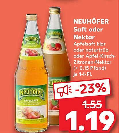NEUHÖFER Saft oder Nektar Apfelsaft klar oder naturtrüb oder Apfel-Kirscht-Zitronen-Nektar (+ 0.15 Pfand) je 1-L-Fl.