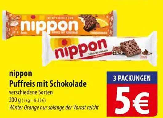 nippon Puffreis mit Schokolade, verschiedene Sorten - 3 Packungen für nur 5 €