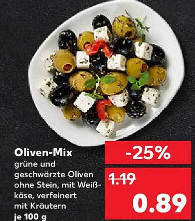 Oliven-Mix grüne und geschwärzte Oliven ohne Stein, mit Weißkäse, verfeinert mit Kräutern je 100 g