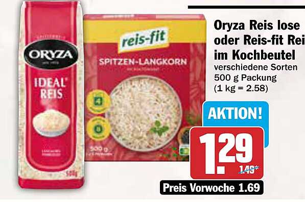 Oryza Reis lose oder Reis-fit Reis im Kochbeutel, verschiedene Sorten, 500 g