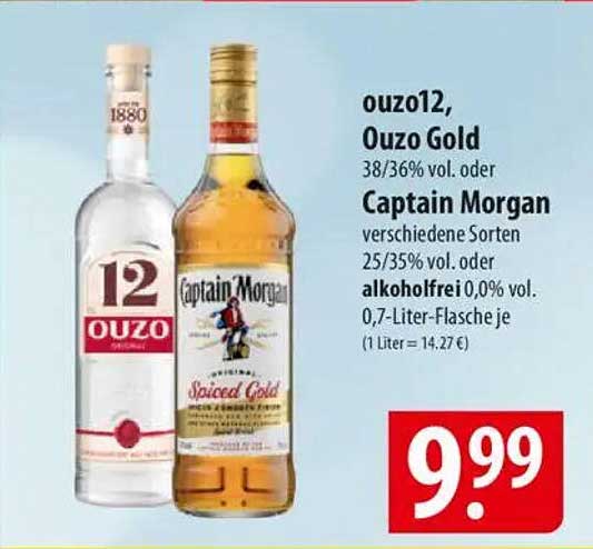 ouzo12, Ouzo Gold oder Captain Morgan – 0,7-Liter-Flasche je für 9,99 €