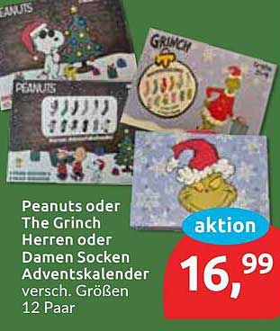 Peanuts oder The Grinch Herren oder Damen Socken Adventskalender, verschieden Größen, 12 Paar