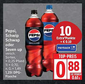 Pepsi, Schwip Schwap oder Seven Up - 1,25 l PET-Flasche zum Top-Preis
