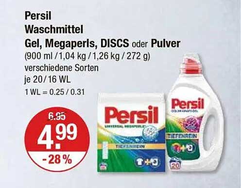 Persil Waschmittel Gel, Megaperls, DISCS oder Pulver (900 ml / 1,04 kg / 1,26 kg / 272 g)