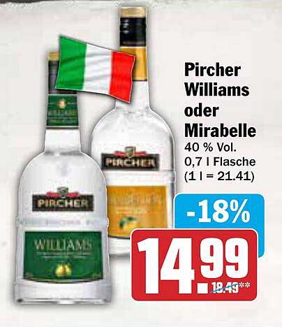 Pircher Williams oder Mirabelle 40 % Vol. 0,7 l Flasche