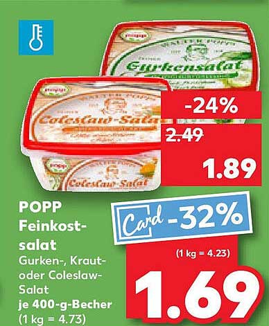POPP Feinkostsalat Gurken-, Kraut- oder Coleslaw-Salat 400-g-Becher