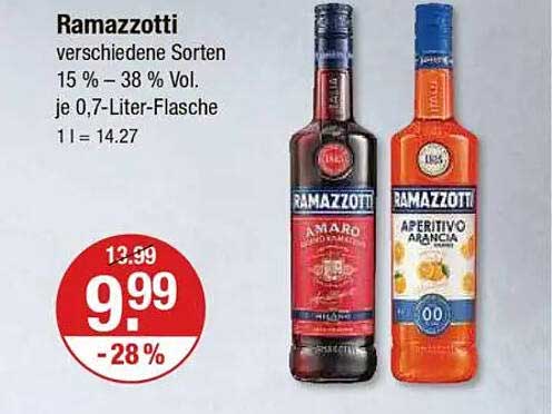 Ramazzotti – verschiedene Sorten 15 % – 38 % Vol. je 0,7-Liter-Flasche