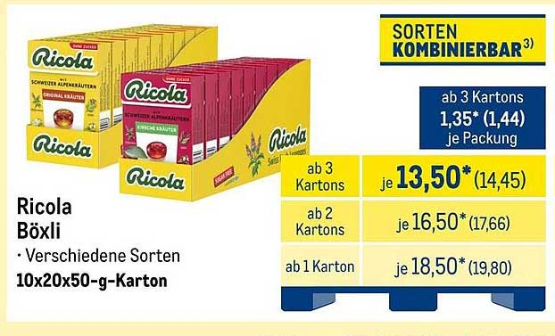 Ricola Böxli - Verschiedene Sorten 10x20x50-g-Karton
