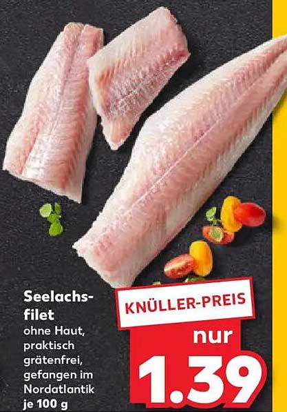 Seelachsfilet ohne Haut, praktisch grätenfrei, gefangen im Nordatlantik je 100 g