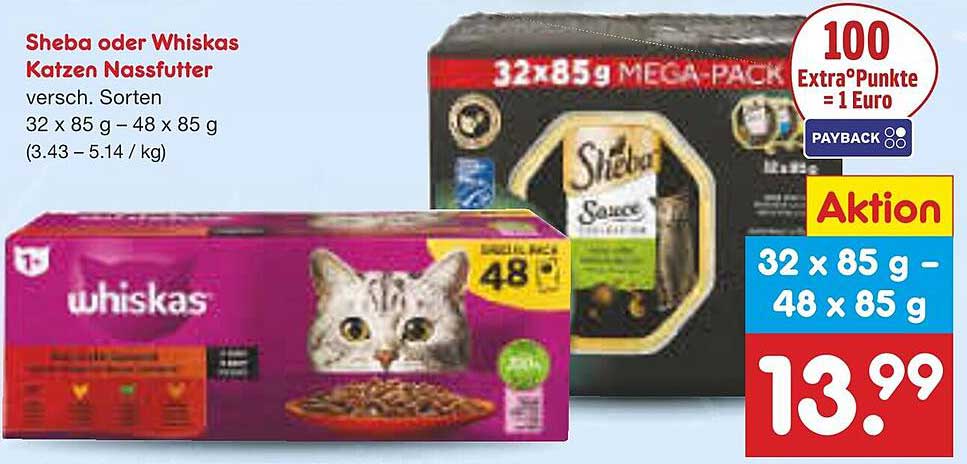 Sheba oder Whiskas Katzen Nassfutter 32 x 85 g - 48 x 85 g