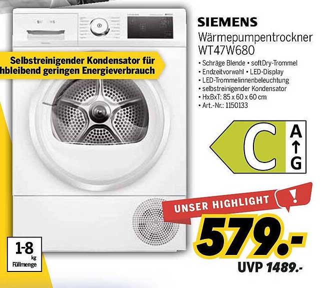 SIEMENS Wärmepumpentrockner WT47W680