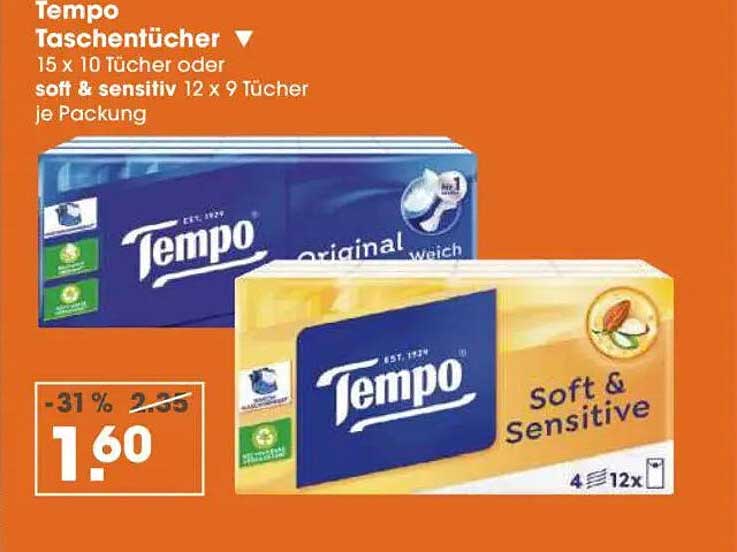 Tempo Taschentücher - 15 x 10 Tücher oder Soft & Sensitiv 12 x 9 Tücher je Packung