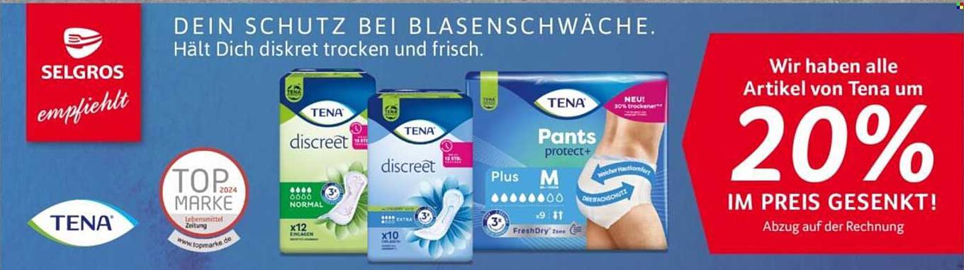 TENA Produkte: 20% Rabatt auf alle Artikel – Diskreter Schutz bei Blasenschwäche