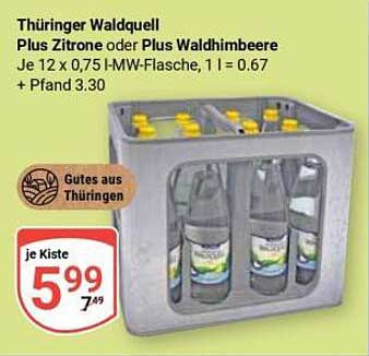 Thüringer Waldquell Plus Zitrone oder Plus Waldhimbeere, 12 x 0,75 l MW-Flasche