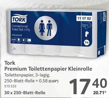 Tork Premium Toilettenpapier Kleinrolle, 3-lagig, 30 x 250-Blatt-Rolle