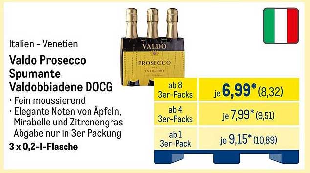 Valdo Prosecco Spumante Valdobbiadene DOCG 3 x 0,2 l-Flasche
