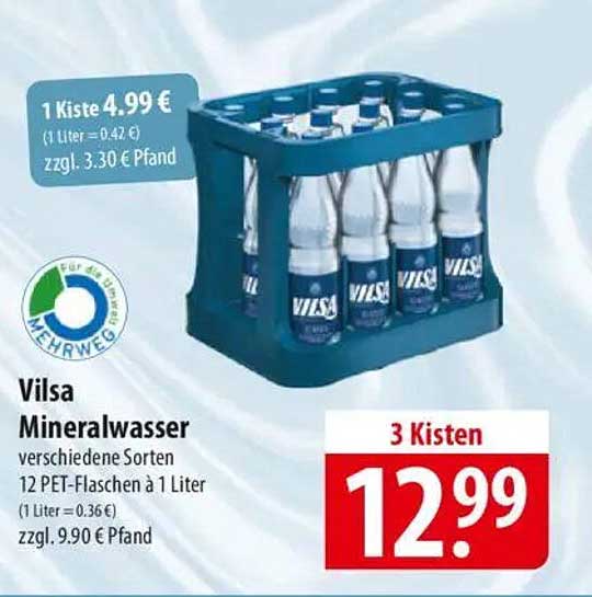 Vilsa Mineralwasser - 12 PET-Flaschen à 1 Liter für nur 12,99 €