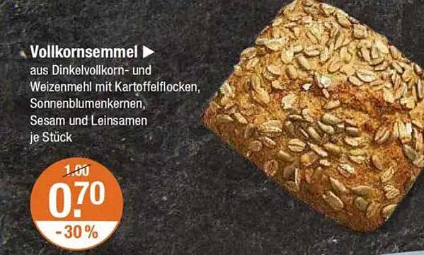 Vollkornsemmele aus Dinkelvollkorn- und Weizenmehl mit Kartoffelflocken, Sonnenblumenkernen, Sesam und Leinsamen je Stück