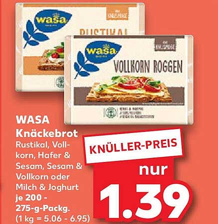 WASA Knäckebrot Rustikal, Vollkorn, Hafer & Sesam oder Wollkorn Roggen je 200 g - 275-g-Pack.