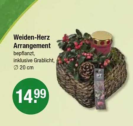 Weiden-Herz Arrangement beplant, inklusive Grablicht, Ø 20 cm
