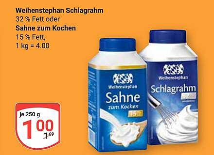 Weihenstephan Schlagrahm 32 % Fett oder Sahne zum Kochen 15 % Fett