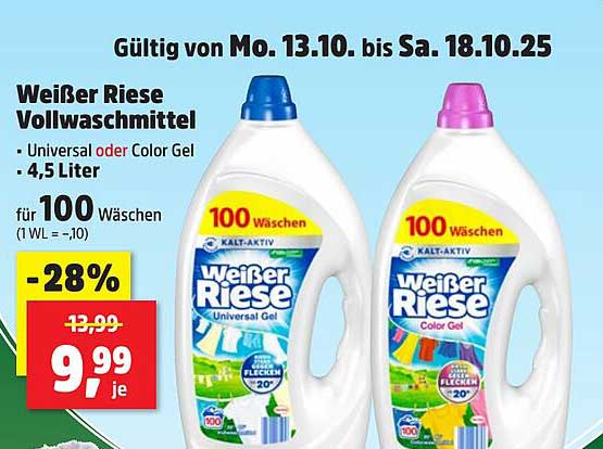 Weißer Riese Vollwaschmittel - Universal oder Color Gel 4,5 Liter