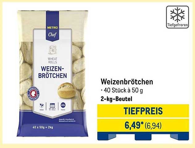 Weizenbrötchen - 40 Stück à 50 g im 2-kg-Beutel
