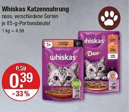 Whiskas Katzennahrung, nass, verschiedene Sorten je 85-g-Portionsbeutel