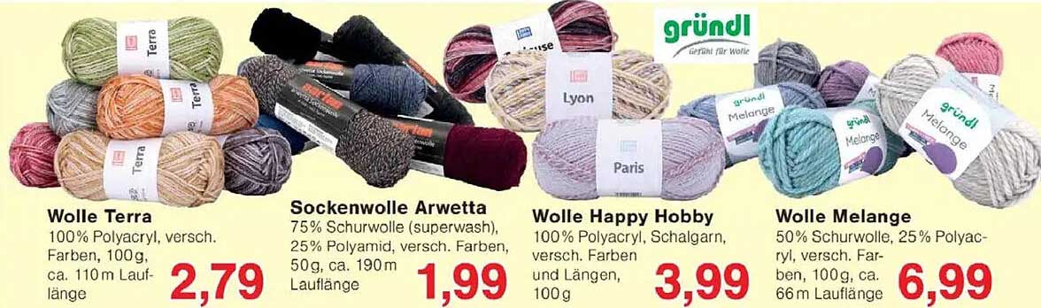 Wolle Terra, Sockewolle Arwetta, Wolle Happy Hobby und Wolle Melange