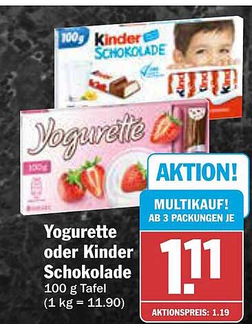 Yogurette oder Kinder Schokolade 100 g Tafel