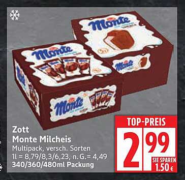 Zott Monte Milcheis Multipack, verschiedene Sorten