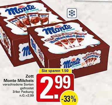 Zott Monte Milchreis verschiedenen Sorten gefroren 3/4er Packung