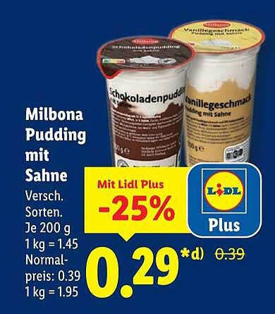 Milbona Pudding Mit Sahne Versch. Sorten. Angebot bei Lidl ...
