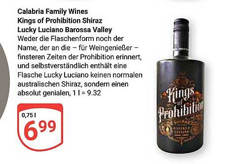 Calabria Family Wines Kings of Prohibition Shiraz Lucky Luciano Barossa Valley