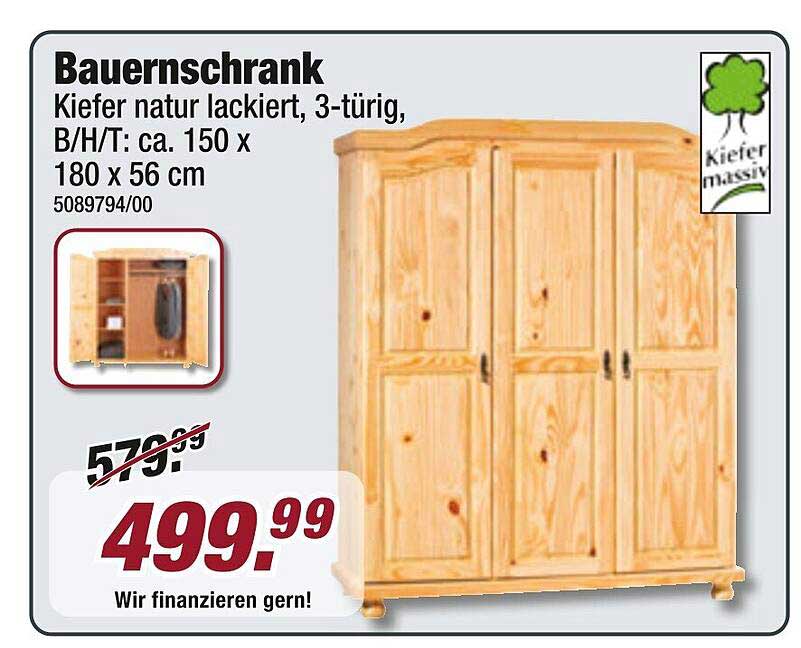 Bauernschrank - Kiefer massiv, natur lackiert, 3-türig