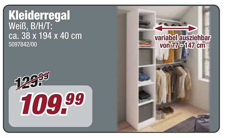 Kleiderregal Weiß, B/H/T: ca. 38 x 194 x 40 cm