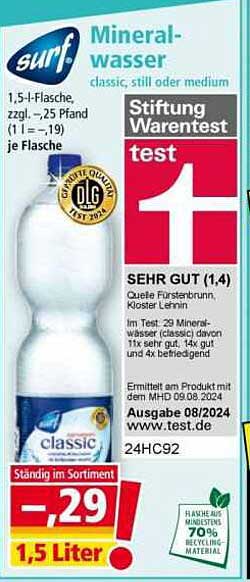 surf Mineralwasser classic, still oder medium 1,5-Liter-Flasche