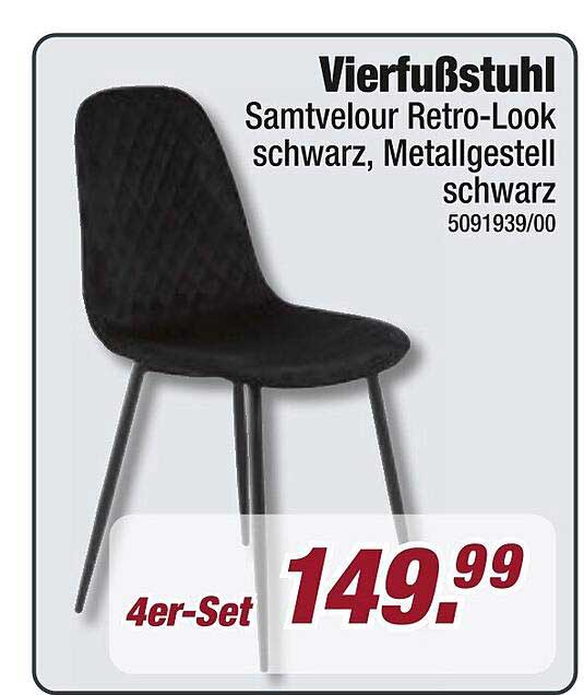 Vierfußstuhl Samtvelour Retro-Look schwarz, Metallgestell schwarz (4er-Set)