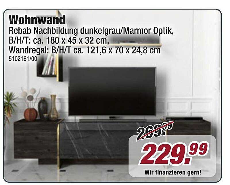 Wohnwand Rebab Nachbildung dunkelgrau/Marmor Optik