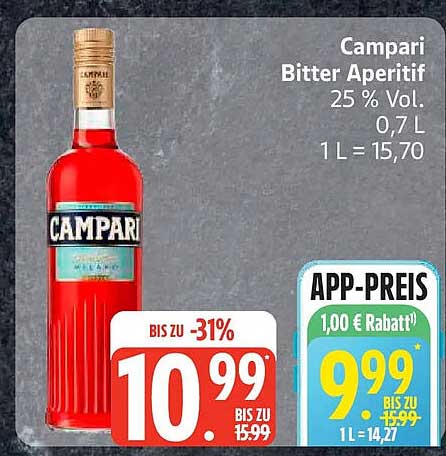 Campari Bitter Aperitif 25 % Vol. 0,7 L 1 L = 15,70