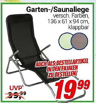 Garten-/Saunaliege versch. Farben, 136 x 61 x 94 cm, klappbar