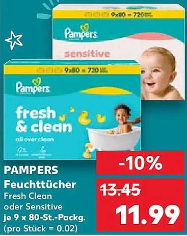 PAMPERS Feuchttücher Fresh Clean oder Sensitive je 9 x 80-St.-Packg. (pro Stück = 0.02)