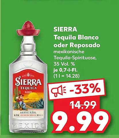 SIERRA Tequila Blanco oder Reposado mexikanische Tequila-Spirituose, 35 Vol. % je 0,7-l-Fl. (1 l = 14.28)