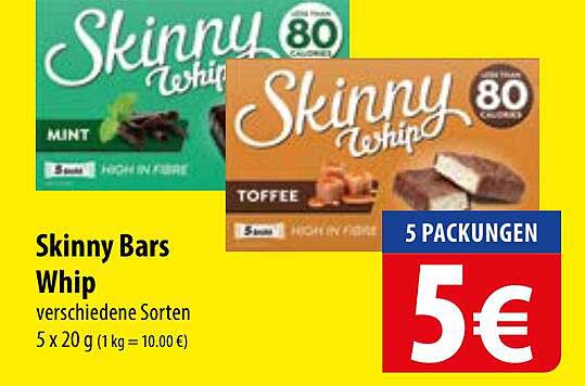 Skinny Bars Whip verschiedene Sorten 5 x 20 g (1 kg = 10,00 €)